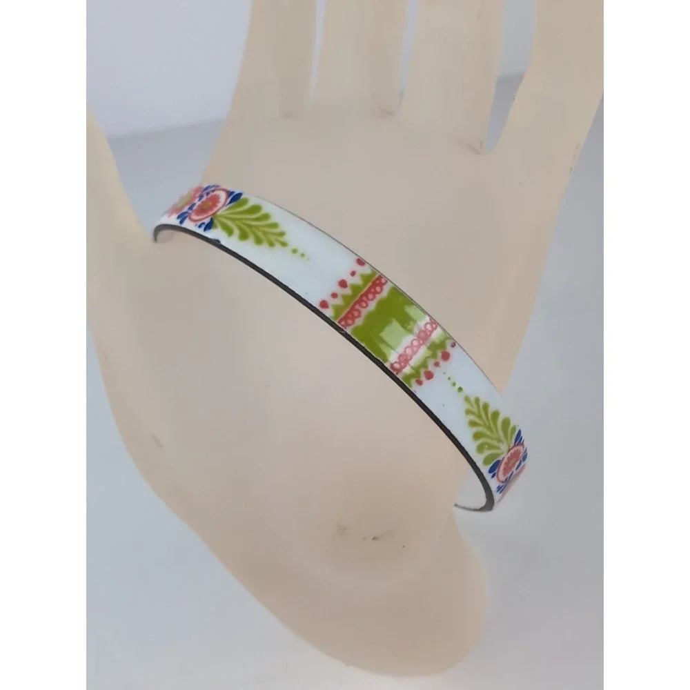 Enameled Bangle Bracelet Boho Hippy Chic Danish Design Flower Motif Vintage Vint